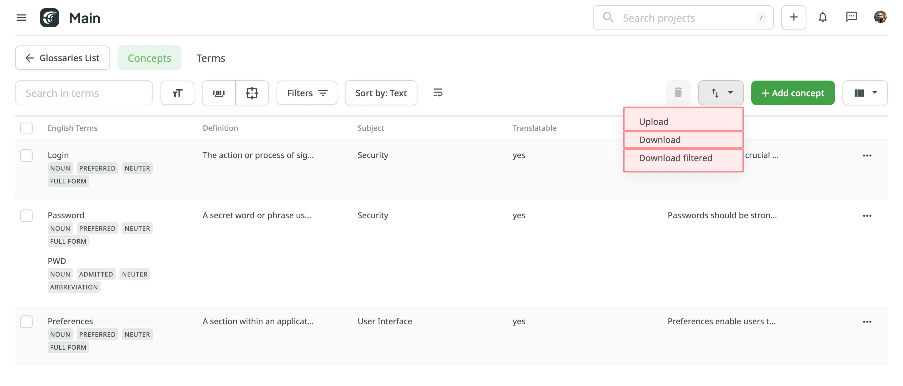 Downloading and Uploading Glossary